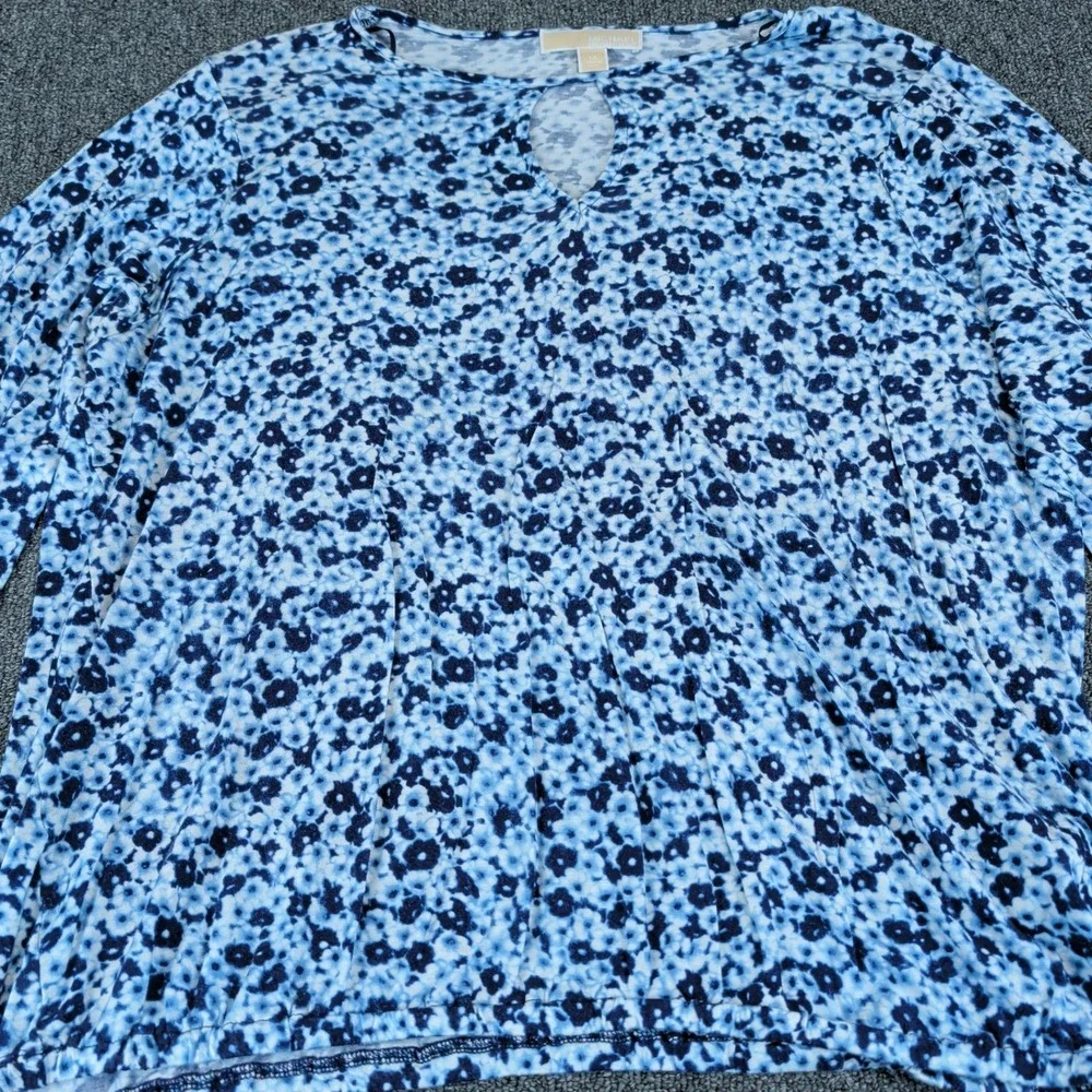 Michael Michael Kors 1X Women Blue Floral Keyhole 3/4 Sleeve Viscose‎ Blouse Top